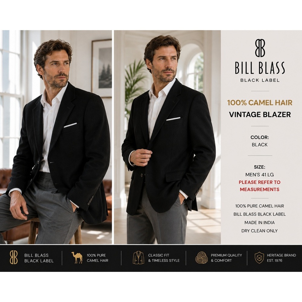 Bill Blass Black Label Blazer Mens 42L Black 100% Camel Hair Vintage Sport Coat